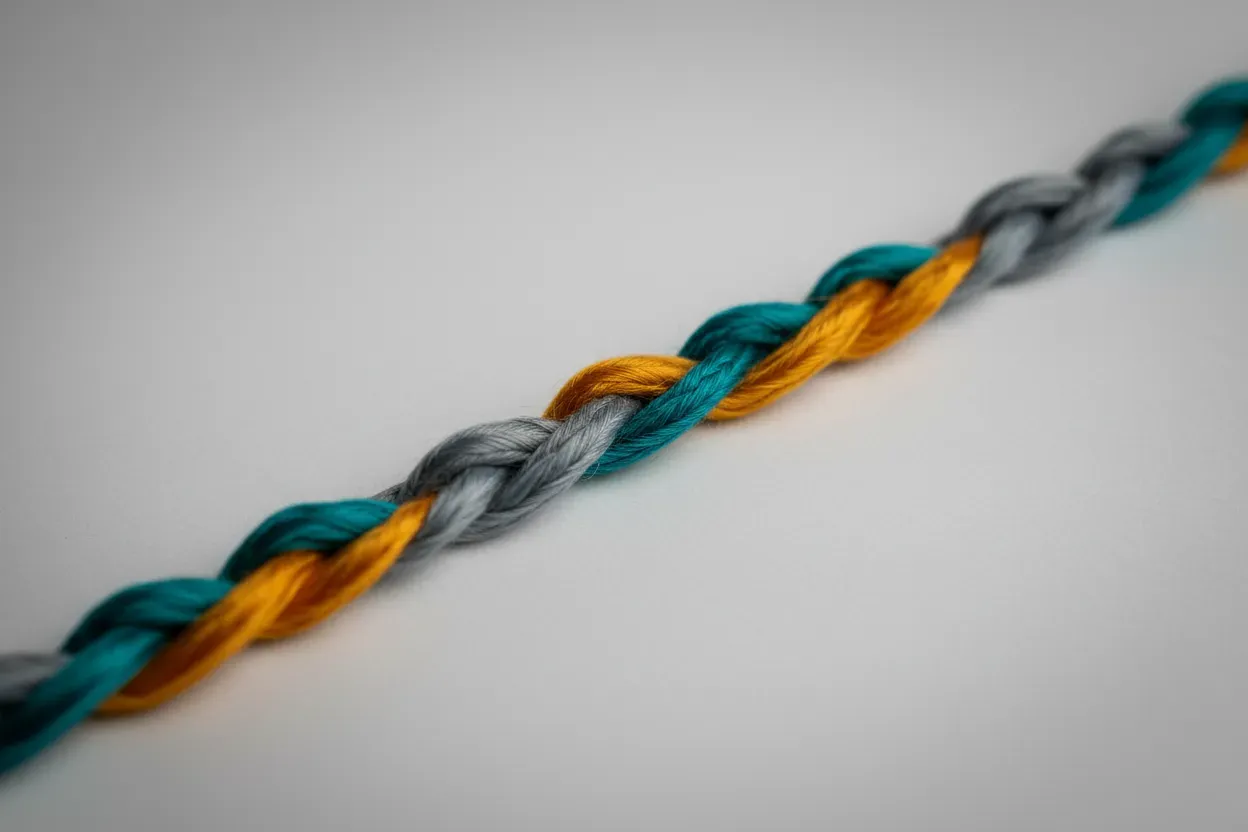 Three colored strands braided into one cord on a soft gray background, symbolizing unified workplace subcultures.