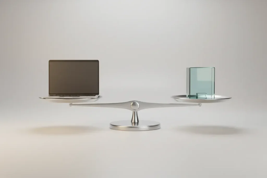 Balanced scale with a closed laptop and a small glass office building on a soft neutral background.