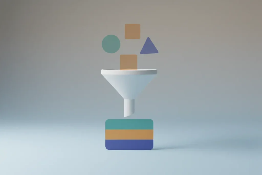 Minimal 3D funnel turns multicolored shapes into a single organized card, symbolizing simplified employee benefits information.