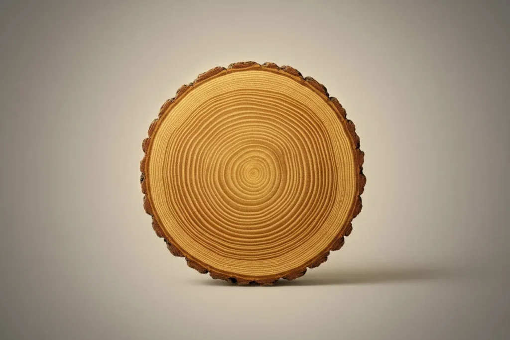 Polished tree-ring cross-section on a soft neutral background, symbolizing a steady core and growth over time.