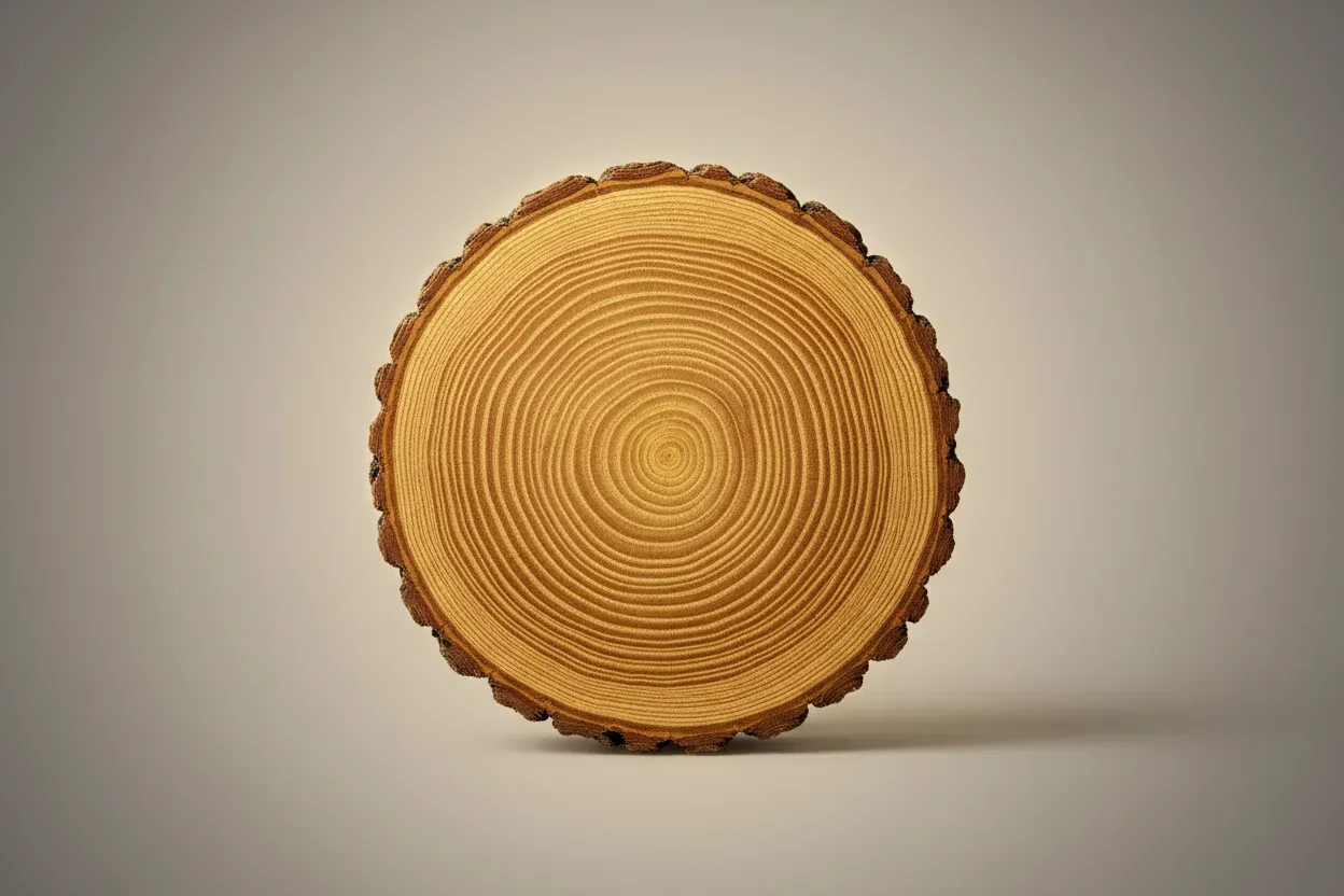 Polished tree-ring cross-section on a soft neutral background, symbolizing a steady core and growth over time.
