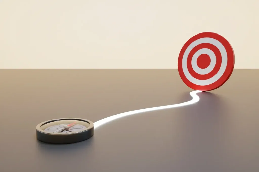 Compass needle aligned to a curved path leading to a bullseye target on a soft background, symbolizing training aligned to career goals.