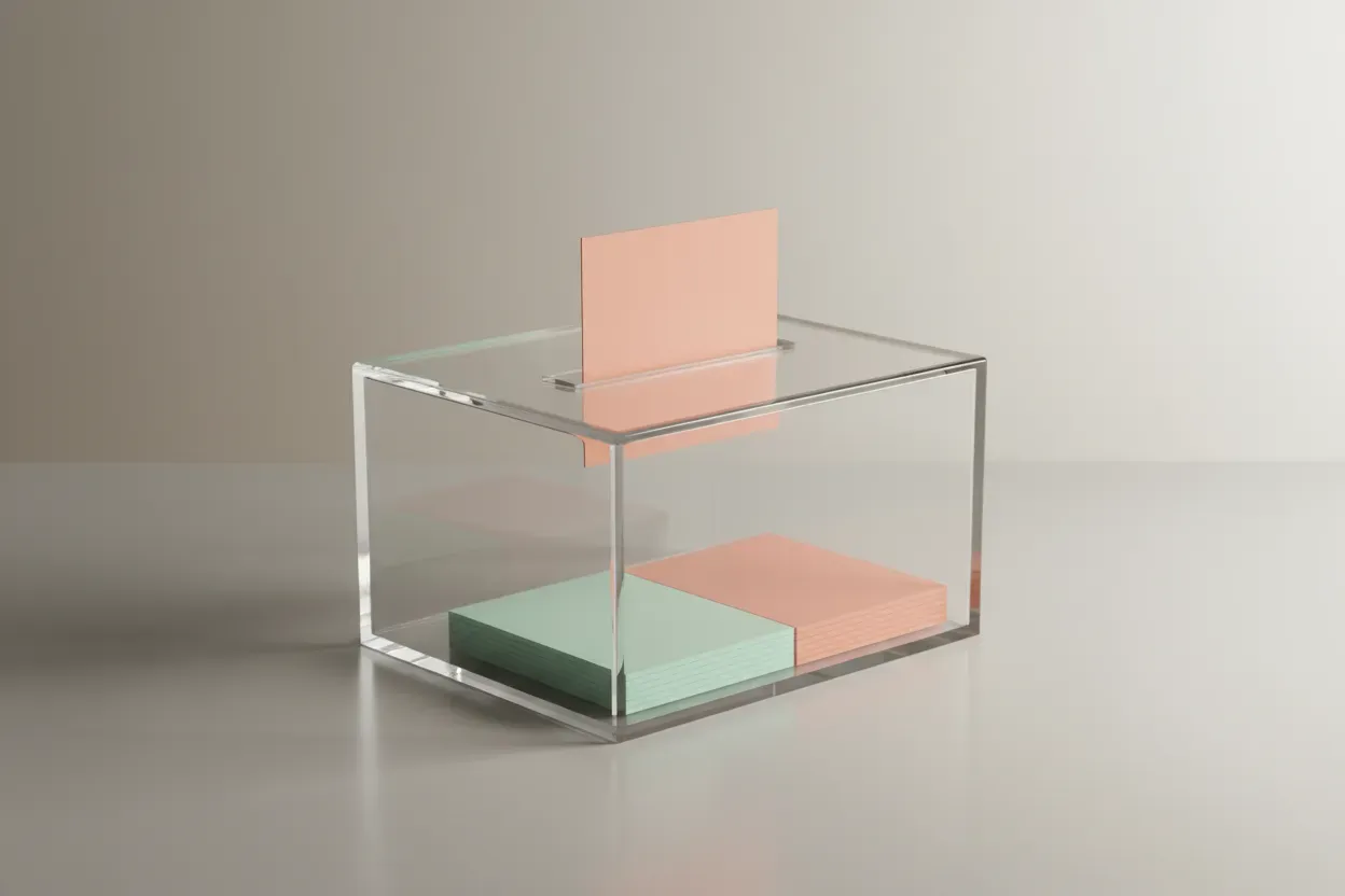 Transparent glass suggestion box with a single pastel card halfway inserted, on a soft neutral background.