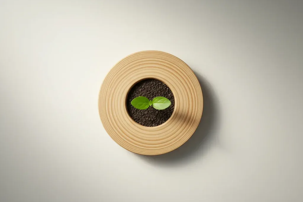 Sprout emerging from the center of a wooden tree-ring disk on a soft neutral background, symbolizing wellness at a company's core.