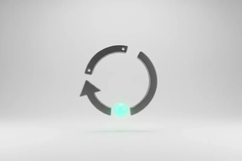 3D circular feedback loop with a single glowing marker on a soft gradient background, symbolizing continuous employee feedback.