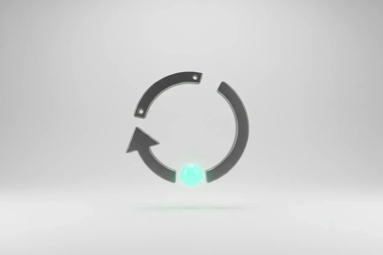 3D circular feedback loop with a single glowing marker on a soft gradient background, symbolizing continuous employee feedback.