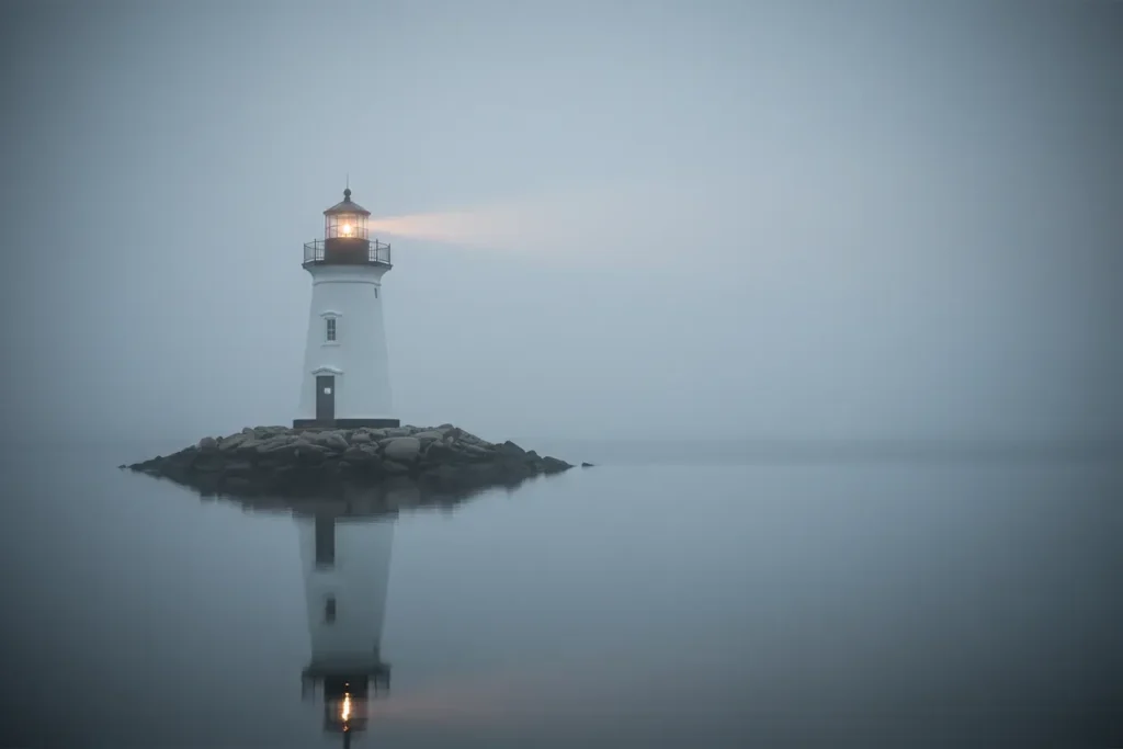 A lone lighthouse casts a warm beam through soft fog over calm water, symbolizing guidance during organizational change.