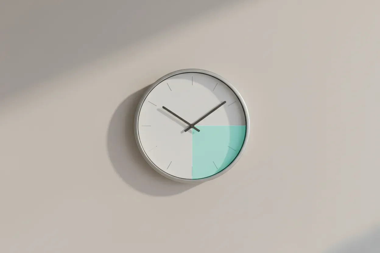 Minimalist wall clock with a glowing teal segment symbolizing protected wellness time on a neutral background.
