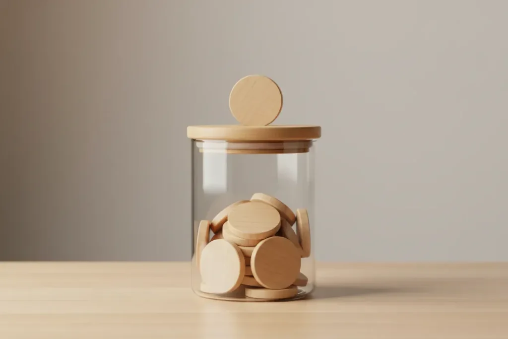 Glass jar with slotted wooden lid, partly filled with identical wooden tokens, on a light desk against a soft neutral background.