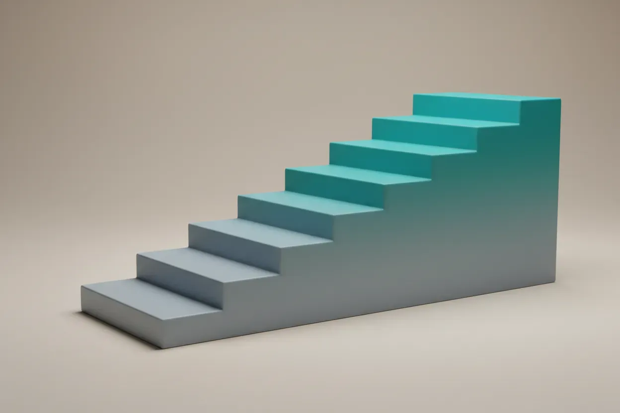 Minimalist ascending ramp of connected steps on a neutral background, symbolizing phased return-to-work progress.
