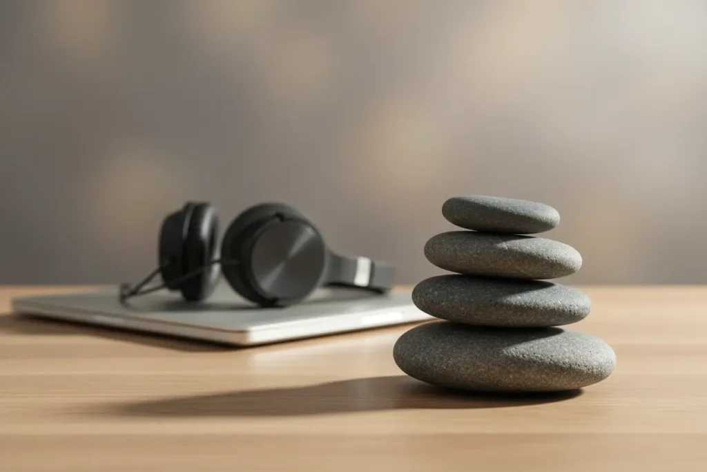 Balanced river stones on a minimalist desk with blurred laptop and headphones, symbolizing workplace mental health and stress relief.