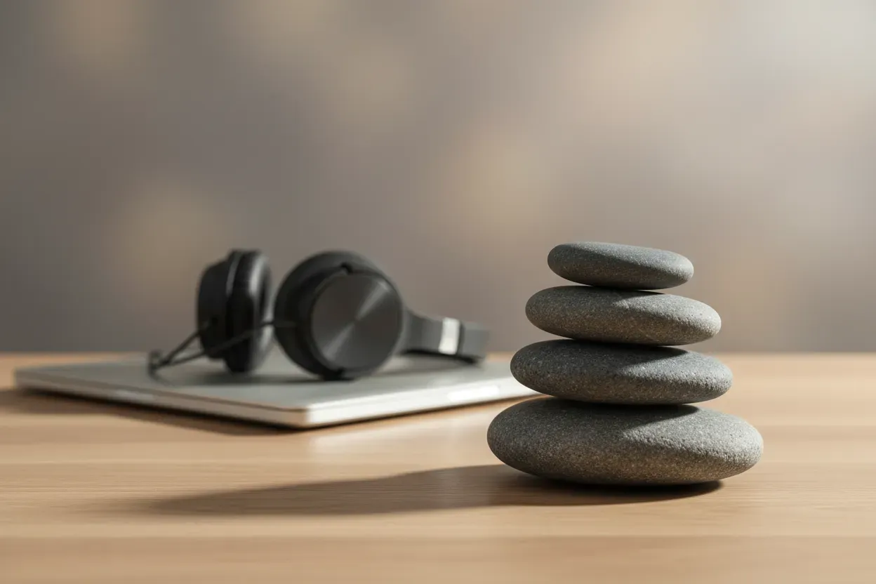 Balanced river stones on a minimalist desk with blurred laptop and headphones, symbolizing workplace mental health and stress relief.