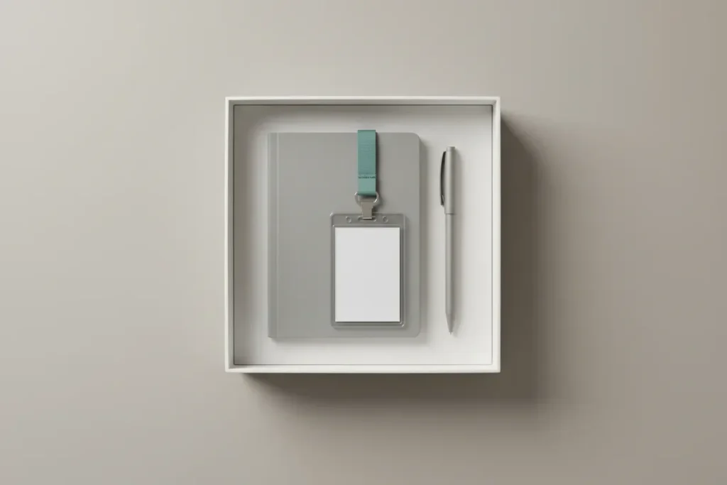 Open onboarding kit with blank ID badge, slim notebook, and pen on a soft neutral background.