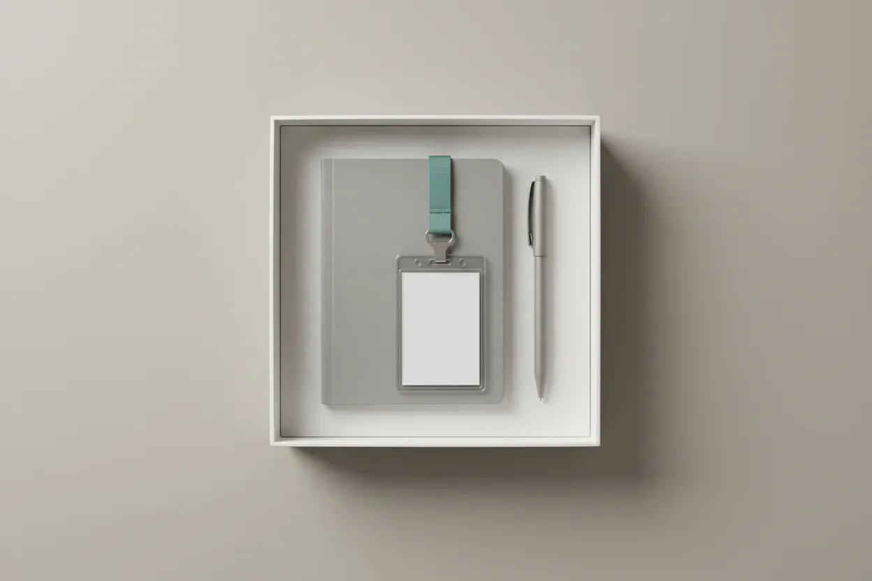 Open onboarding kit with blank ID badge, slim notebook, and pen on a soft neutral background.