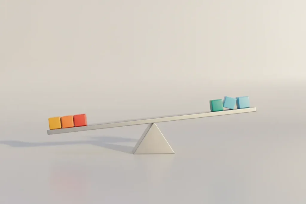 Minimalist balance beam with color-coded blocks evenly distributed, symbolizing workload rebalancing to prevent team burnout.