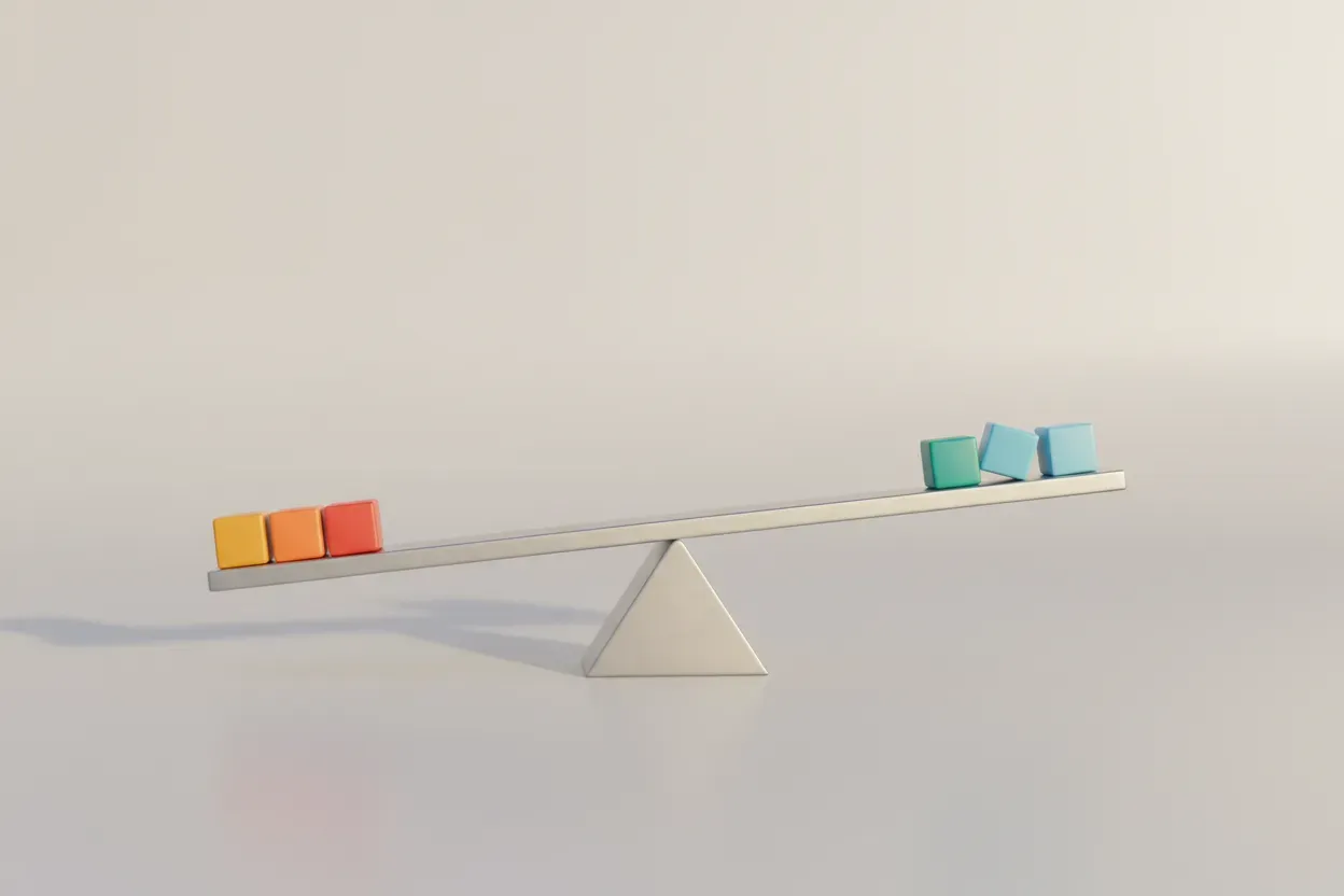 Minimalist balance beam with color-coded blocks evenly distributed, symbolizing workload rebalancing to prevent team burnout.