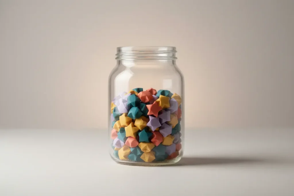 Glass jar filled with colorful origami stars on a soft neutral background, representing a wins jar that boosts team morale.