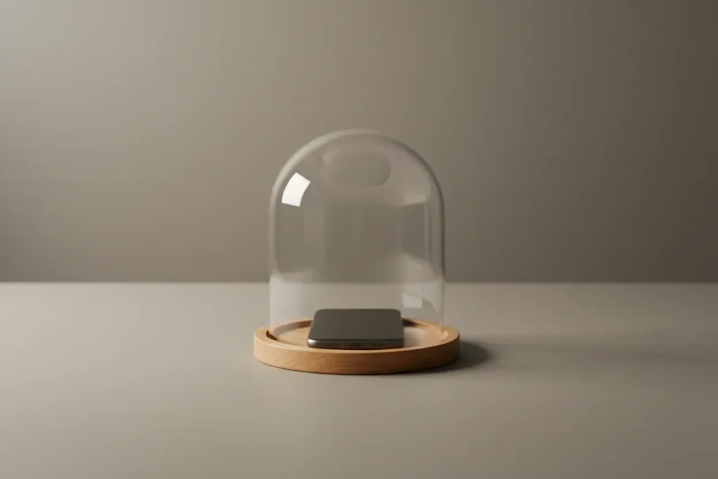 Smartphone face down under a glass dome on a wooden tray, on a neutral desk, symbolizing protected focus time.