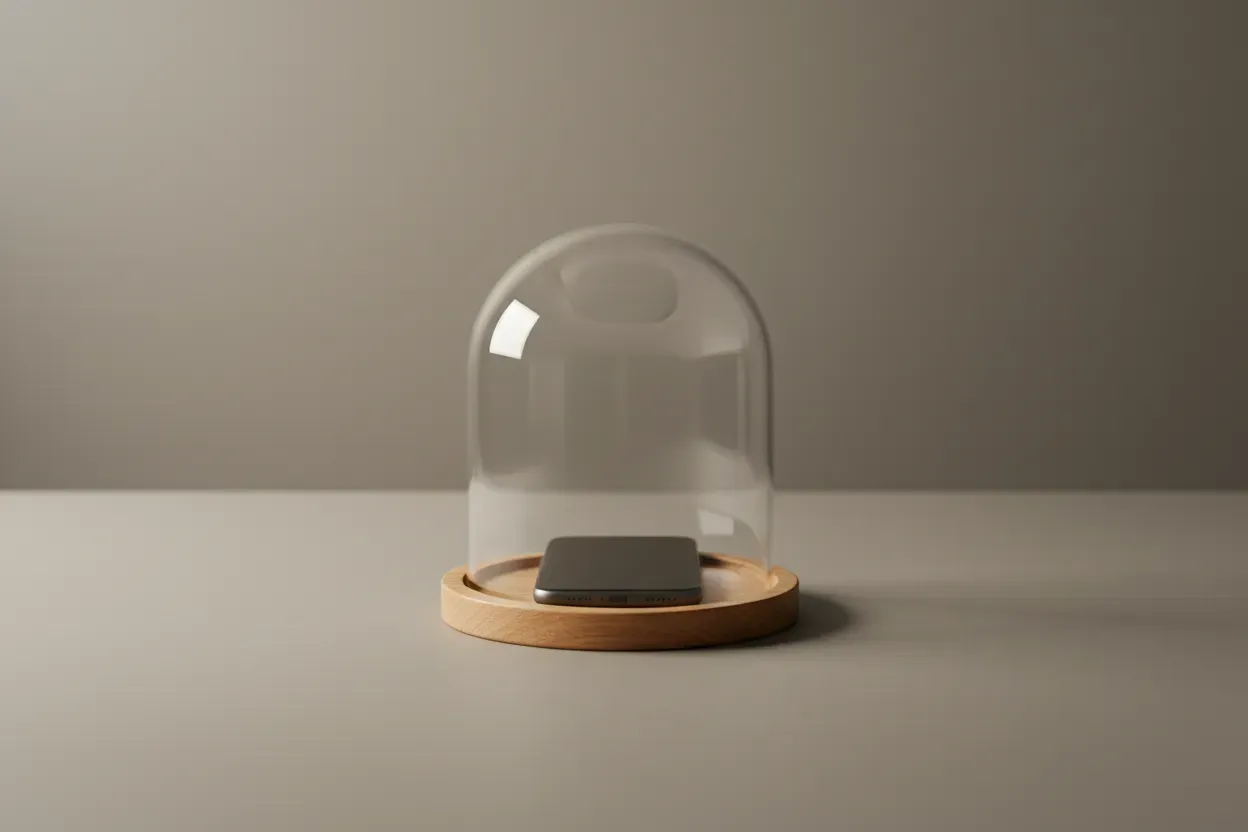 Smartphone face down under a glass dome on a wooden tray, on a neutral desk, symbolizing protected focus time.