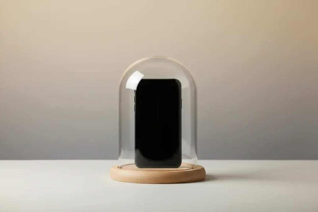 Smartphone under a clear glass dome on a wooden base, symbolizing tech boundaries on a soft neutral background.
