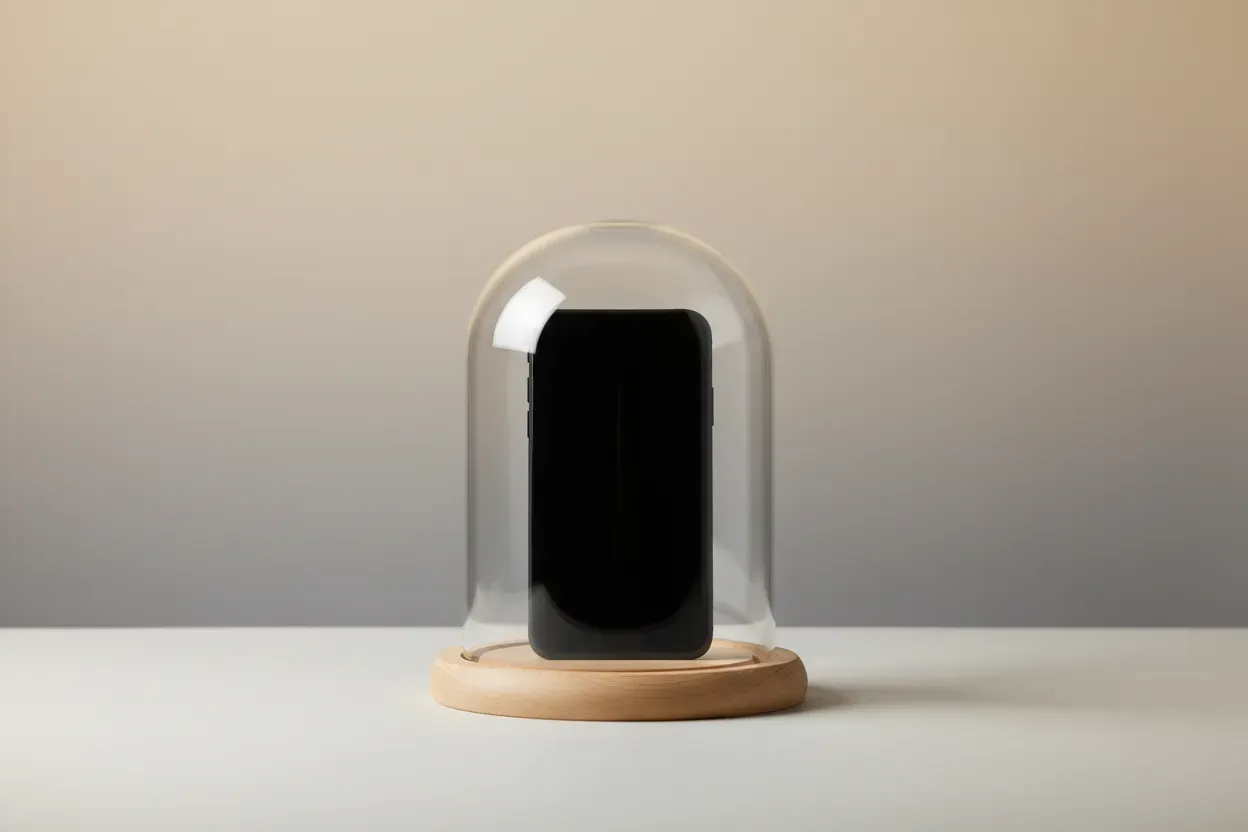Smartphone under a clear glass dome on a wooden base, symbolizing tech boundaries on a soft neutral background.