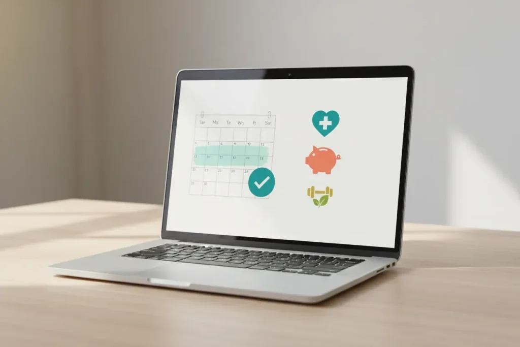 Open laptop shows a simple calendar with first-week highlight and benefit icons on a neutral desk background.