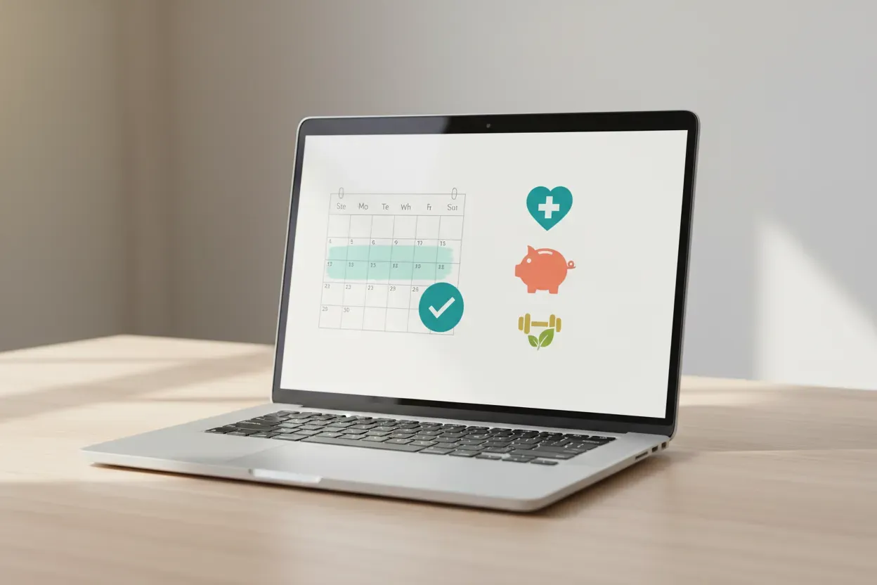 Open laptop shows a simple calendar with first-week highlight and benefit icons on a neutral desk background.