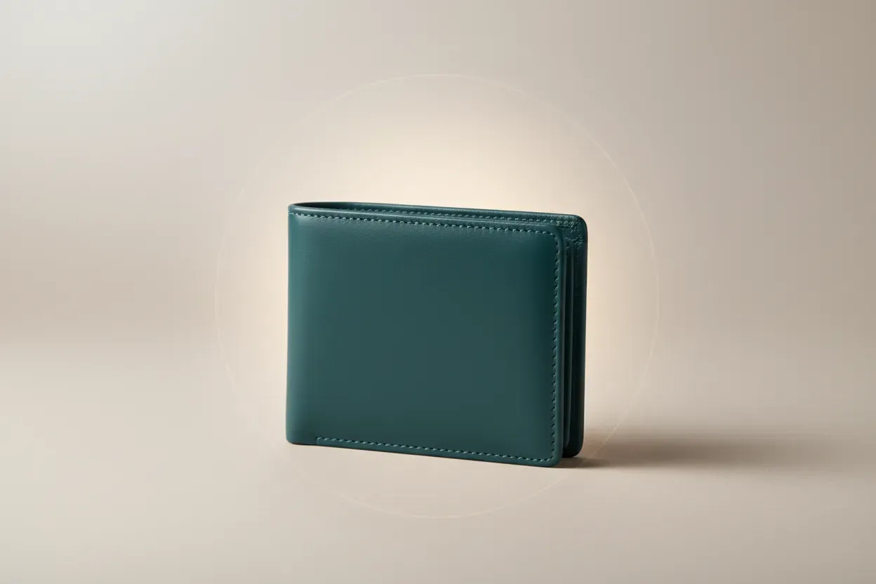 Closed wallet with a soft protective halo on a neutral background, symbolizing everyday financial stability.