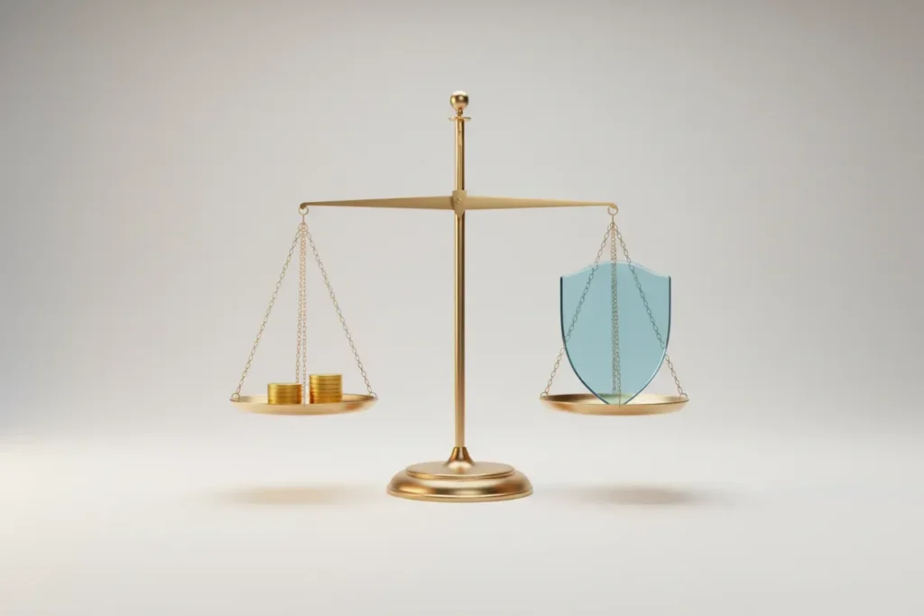 Minimalist brass balance scale with coins and a glass shield, evenly balanced on a soft neutral background.