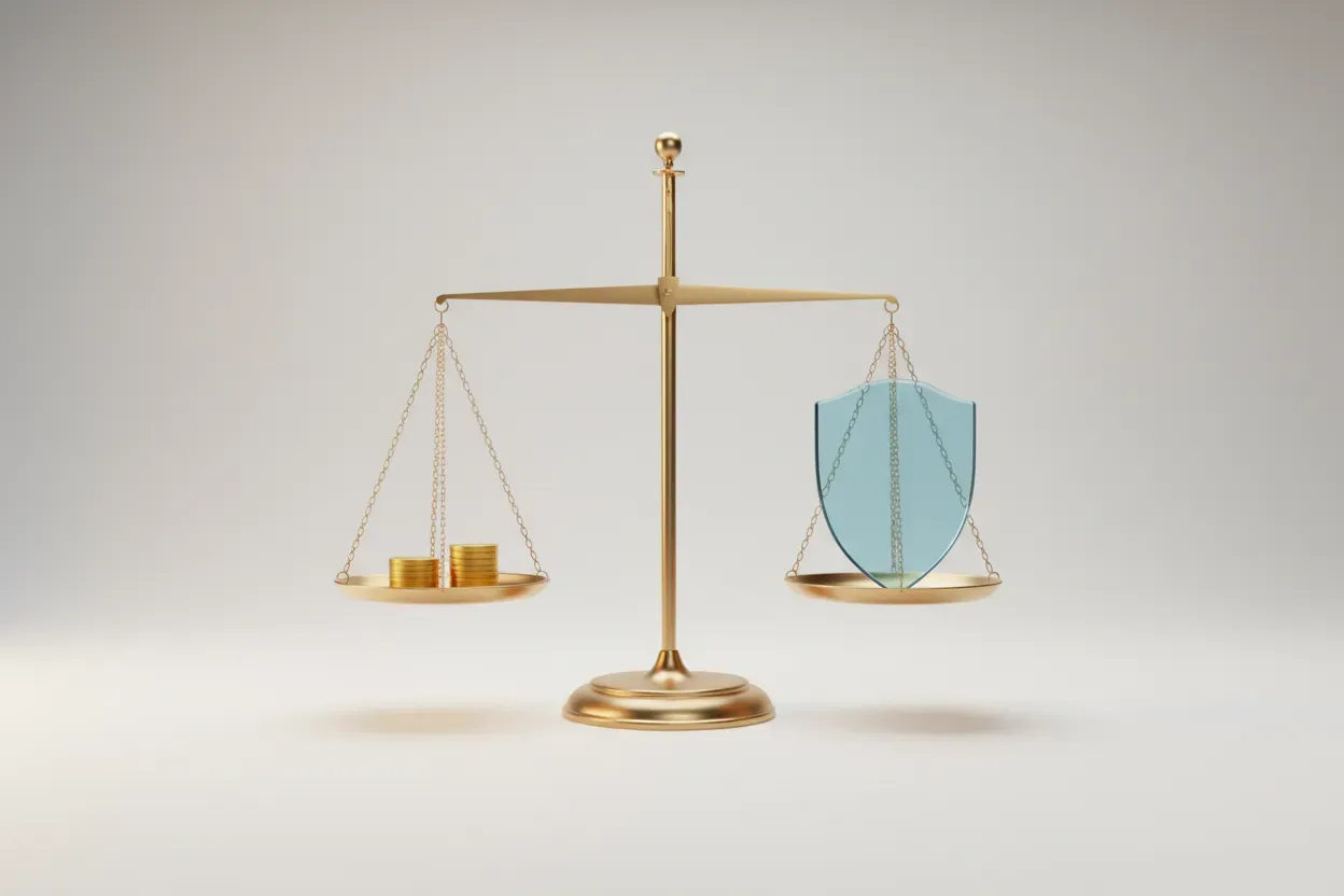 Minimalist brass balance scale with coins and a glass shield, evenly balanced on a soft neutral background.