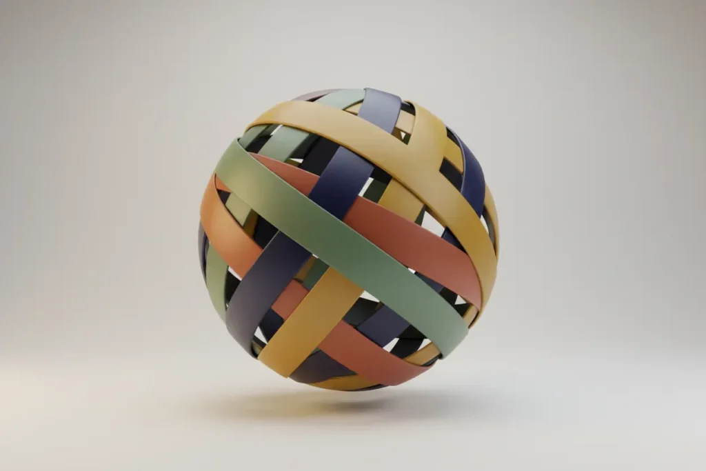 Interwoven multicolored ribbons form a single sphere on a soft neutral background, symbolizing a unified global team culture.