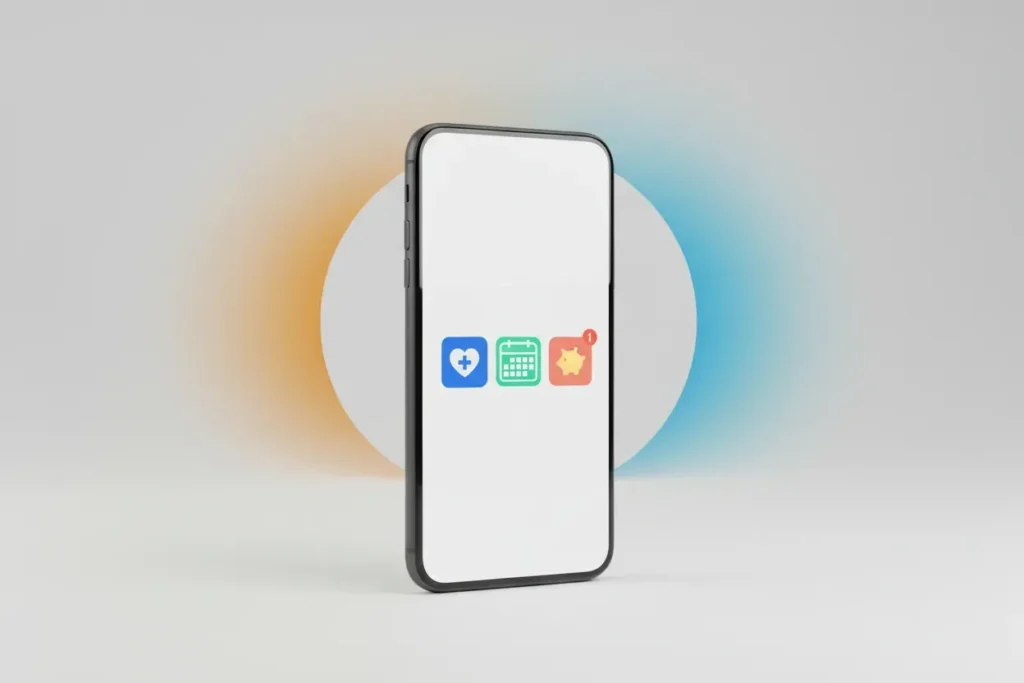 Single smartphone with benefits icons on a soft gradient background, conveying mobile, all-hours access for frontline and shift workers.