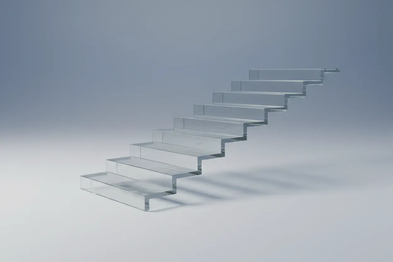 Transparent glass staircase on a soft neutral background, symbolizing clear pay ranges and growth paths.
