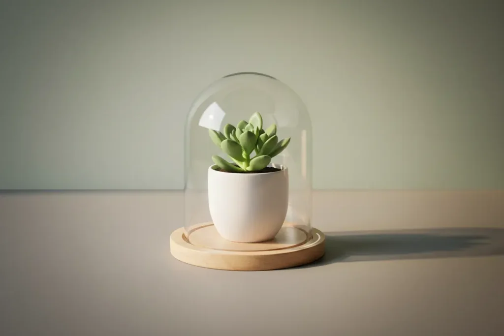Green plant under a clear glass dome on a wooden base, symbolizing supportive boundaries for mental well-being at work.