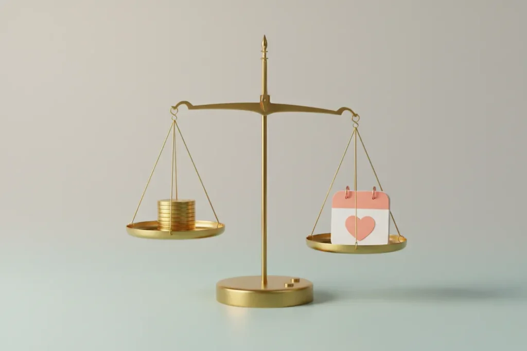 Minimalist brass balance scale weighing coin stack against a small calendar tile with a heart, on a soft neutral background.