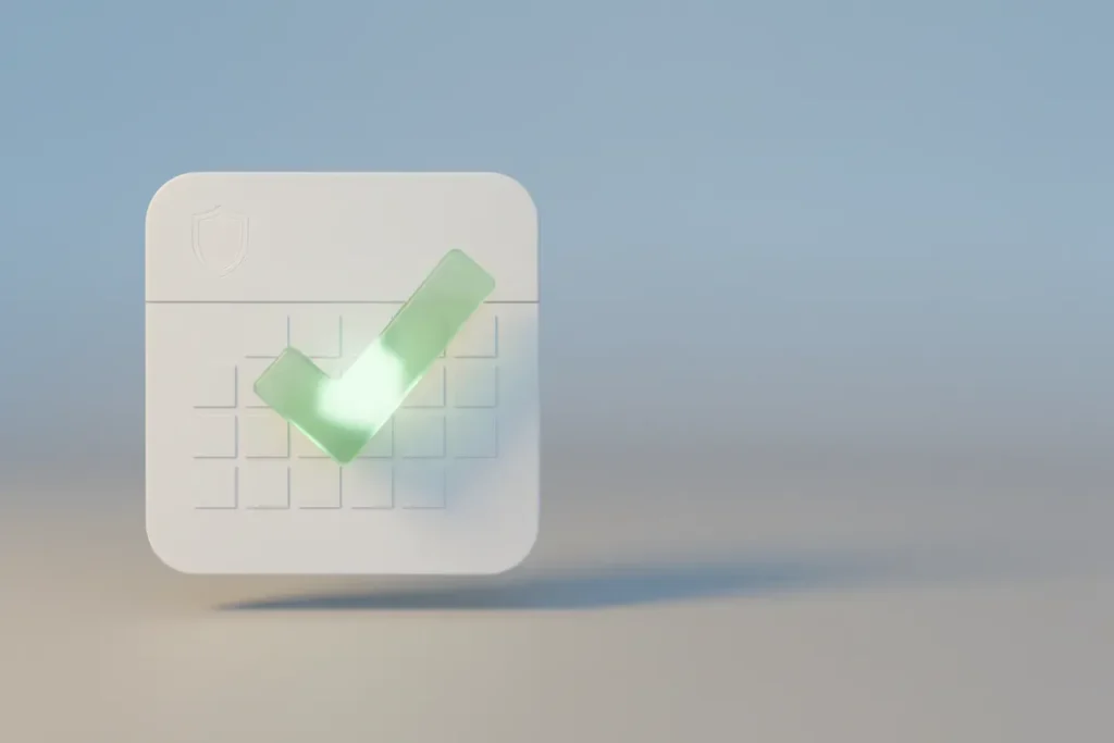 Minimalist 3D calendar tile with a glowing green checkmark and subtle shield motif, symbolizing timely, confident benefits enrollment.