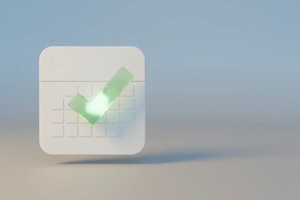 Minimalist 3D calendar tile with a glowing green checkmark and subtle shield motif, symbolizing timely, confident benefits enrollment.
