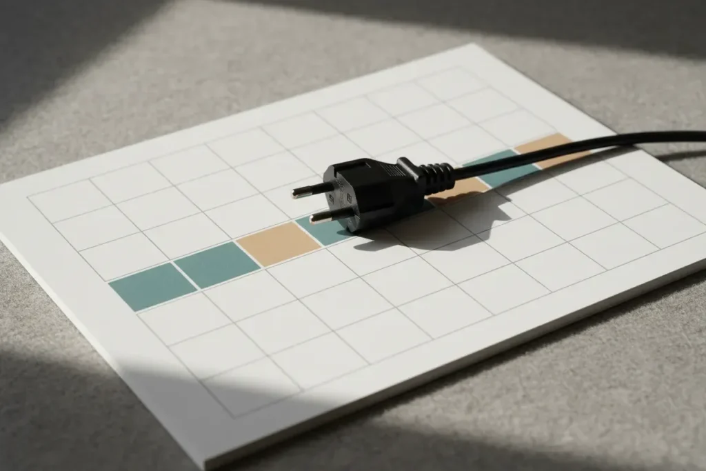 Unplugged power cord on a clean, text-free calendar with alternating colored days, symbolizing true PTO and fair coverage.
