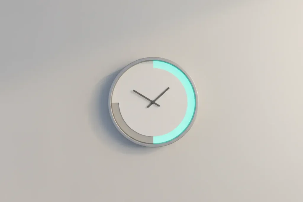 Minimalist clock with a glowing wedge showing a short live-collaboration window against a neutral background.
