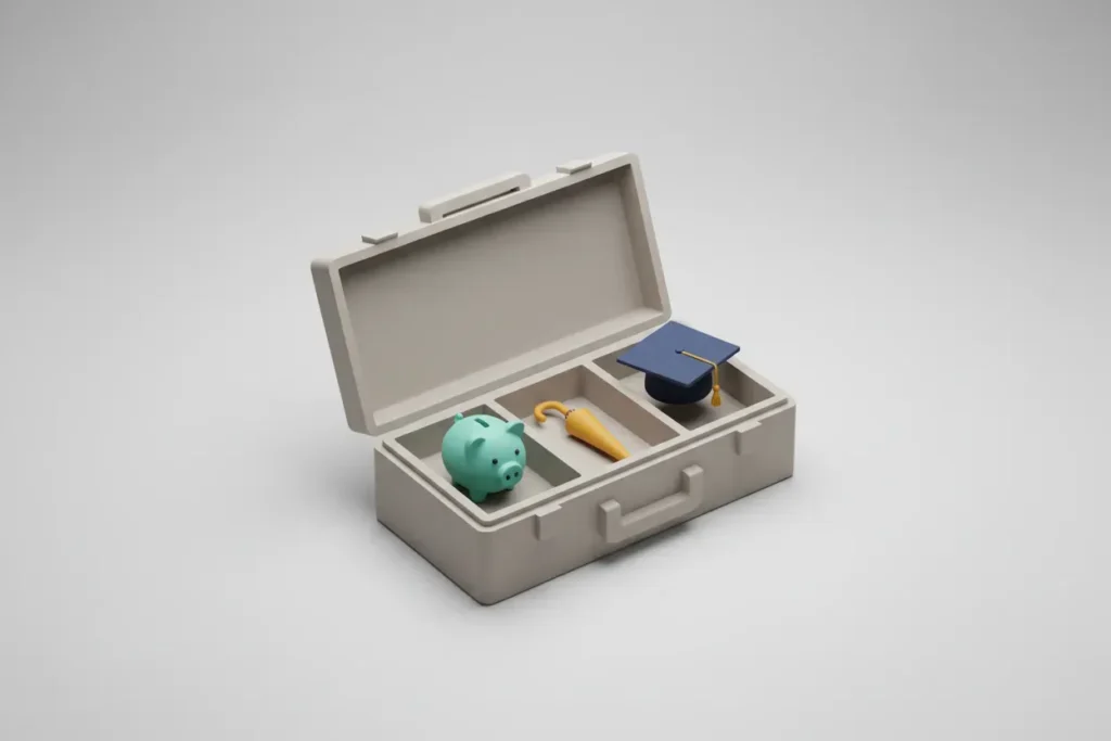Open neutral-toned toolbox showing a piggy bank, small umbrella, and graduation cap against a soft gray background.