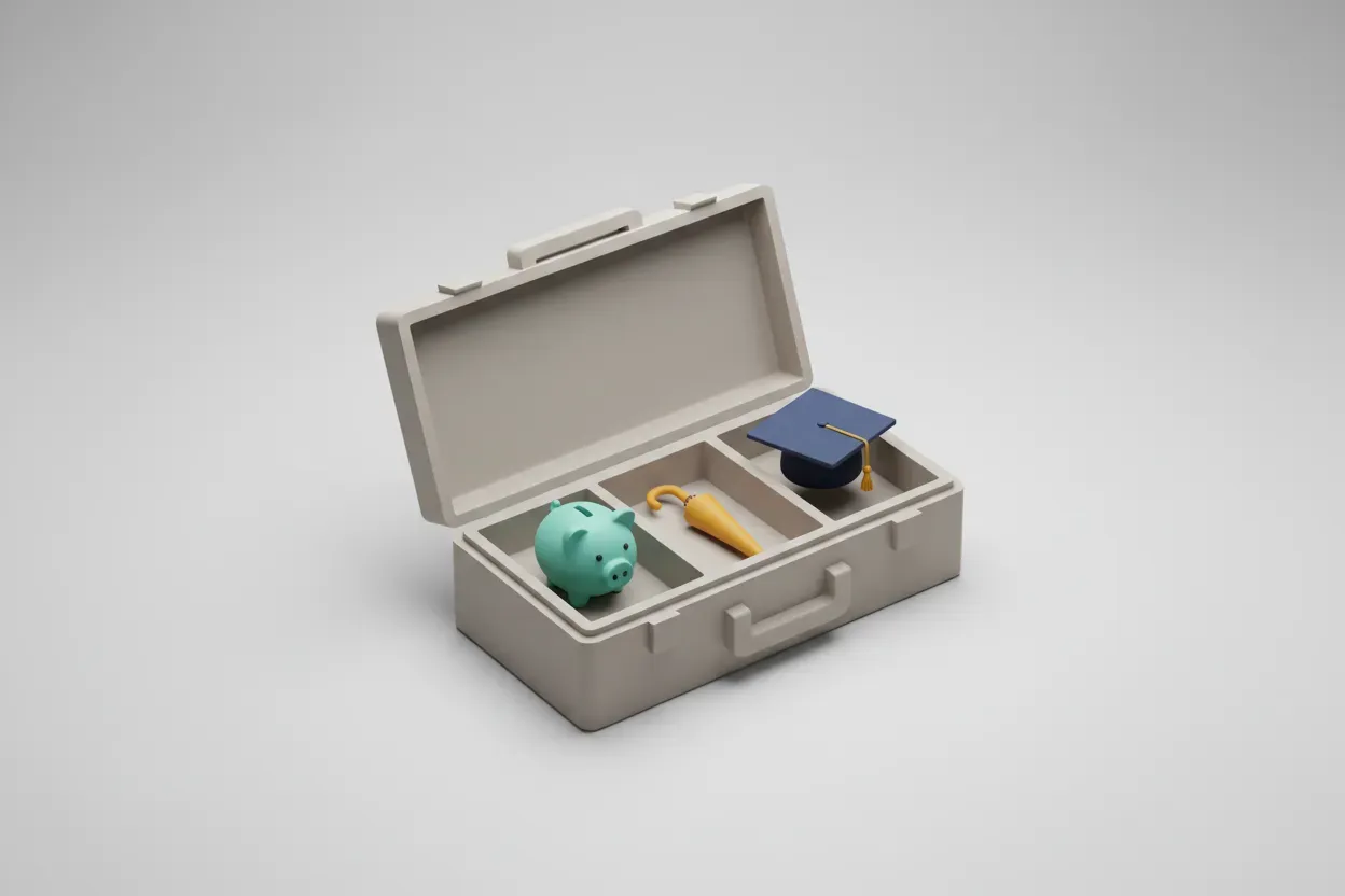 Open neutral-toned toolbox showing a piggy bank, small umbrella, and graduation cap against a soft gray background.