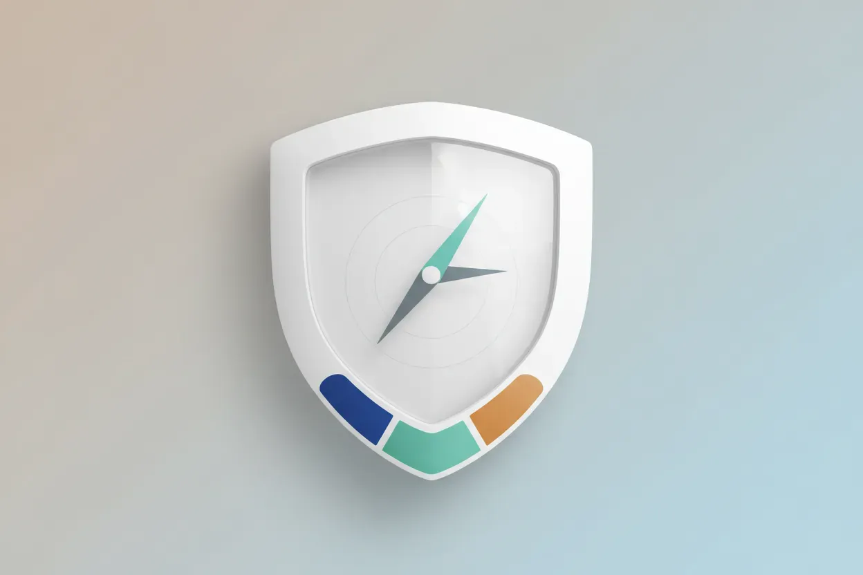 Sleek shield with a minimalist compass on a soft neutral background, symbolizing guided benefits with privacy and trust.