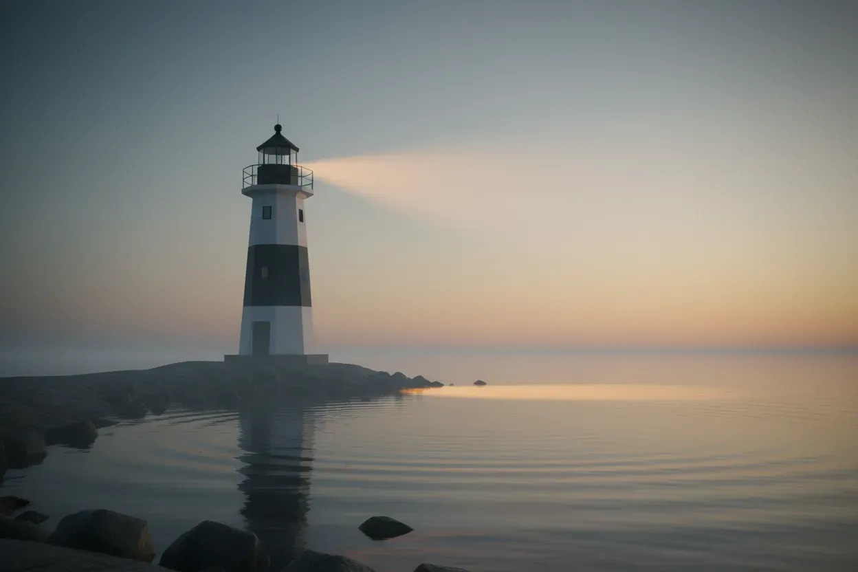 Minimalist lighthouse at dawn casting a soft, focused beam over calm water, symbolizing guided, safe conversations about employee benefits.