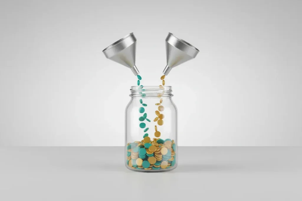 Two identical funnels pour equal teal and gold tokens into a clear jar, forming an even mix on a soft neutral background.
