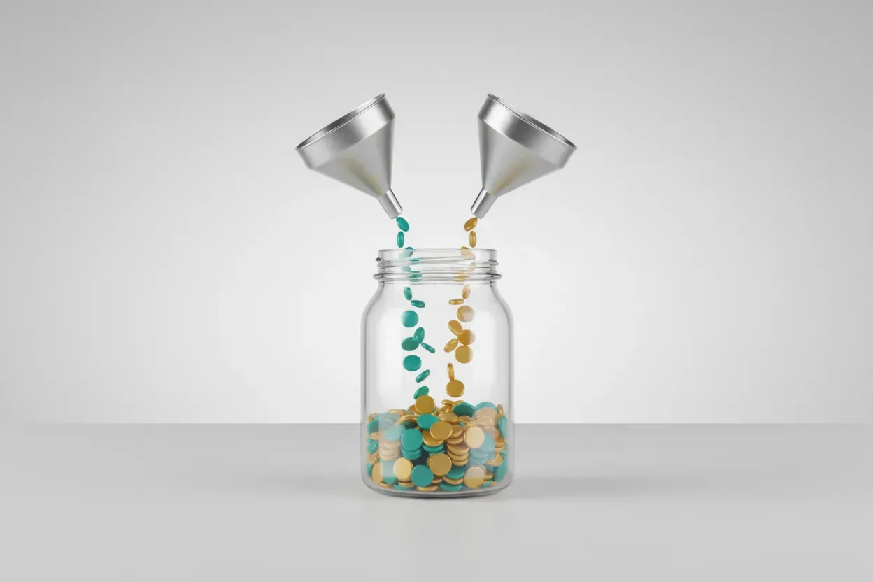 Two identical funnels pour equal teal and gold tokens into a clear jar, forming an even mix on a soft neutral background.