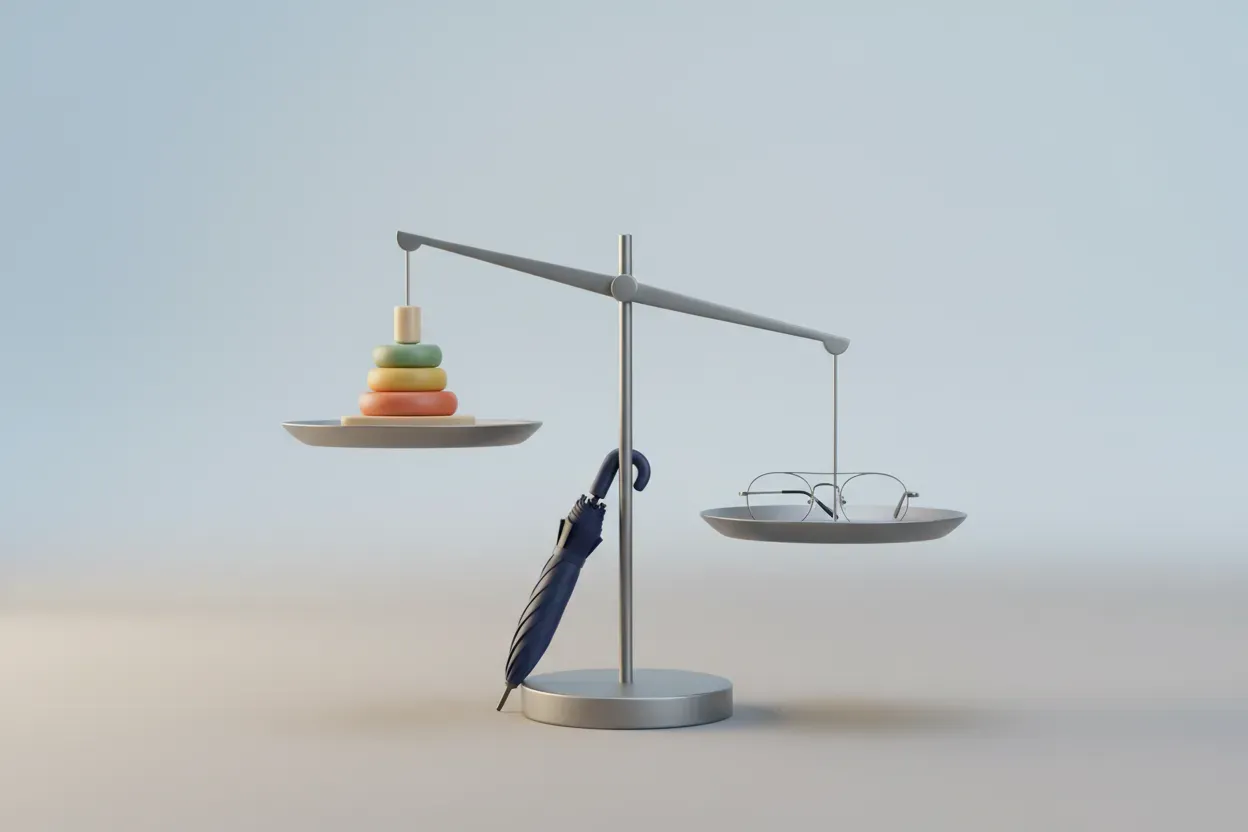 Minimalist balance scale with toy stack, reading glasses, and folded umbrella on a soft background, symbolizing balanced caregiving supports.