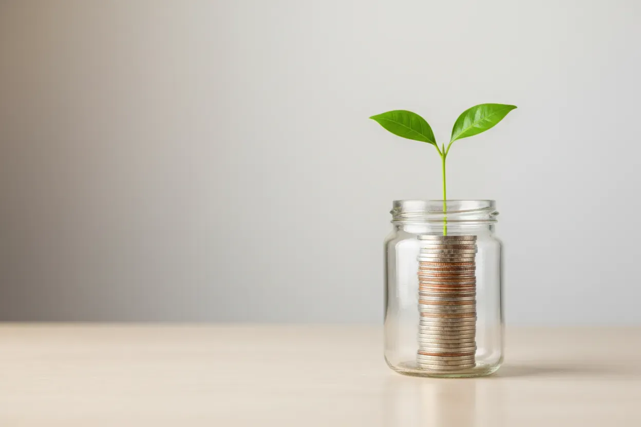 Clear glass jar of coins with a single green sprout on a neutral background, symbolizing simple, effective financial wellness.