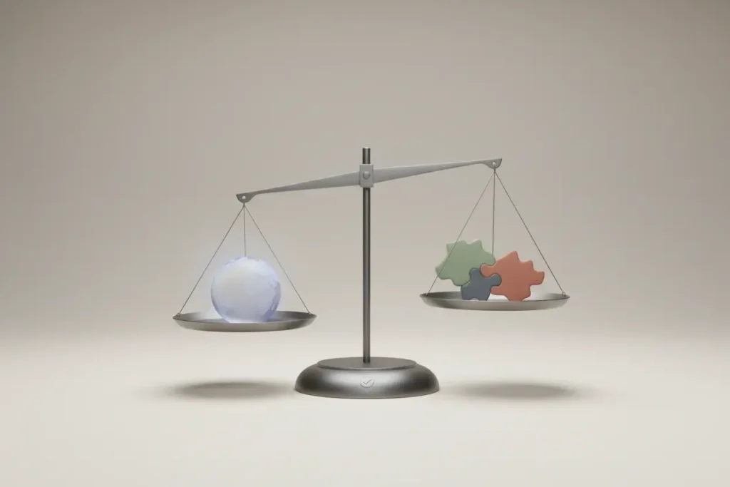 Minimalist balance scale with a glass globe and interlocking regional tiles on opposite pans, on a soft neutral background.