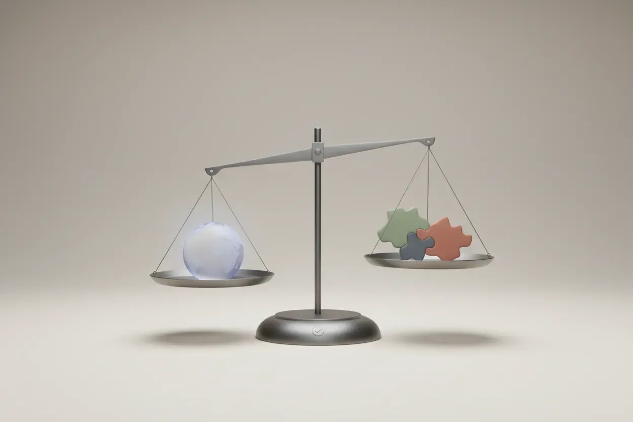 Minimalist balance scale with a glass globe and interlocking regional tiles on opposite pans, on a soft neutral background.