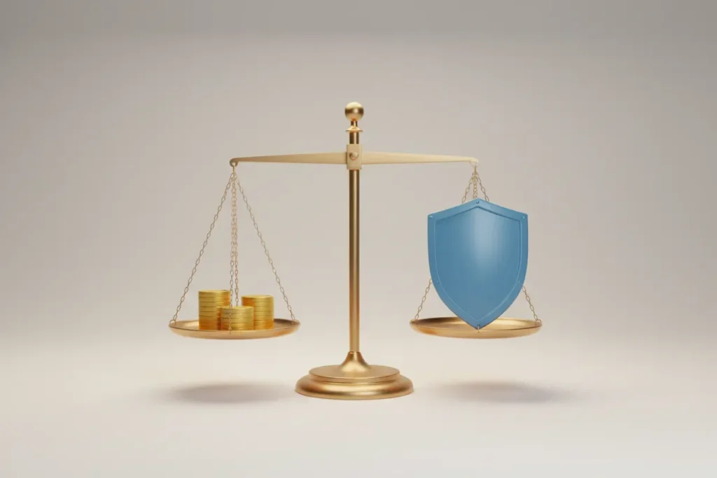 Balanced brass scale with gold coins on one side and a blue shield on the other, on a soft neutral background.